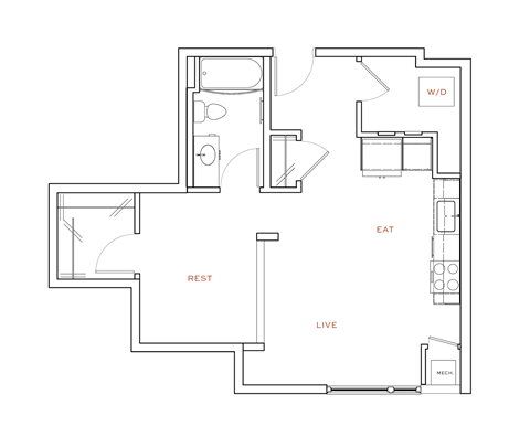 Floor plan for 1 bed, 1 bath, 612 sqft